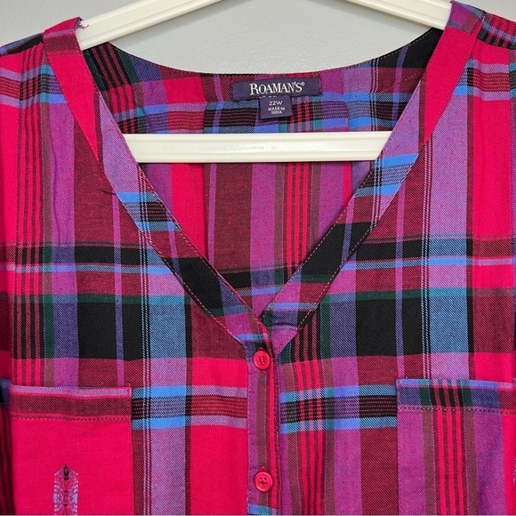 Roaman's Women's Button Up Shirt Tunic Plaid Roll Tab V Neck 22 Asymmetrical Hem - Picture 3 of 15